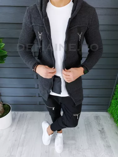 Cardigan barbati gri inchis cu gluga slim fit ZR T3615 90-3